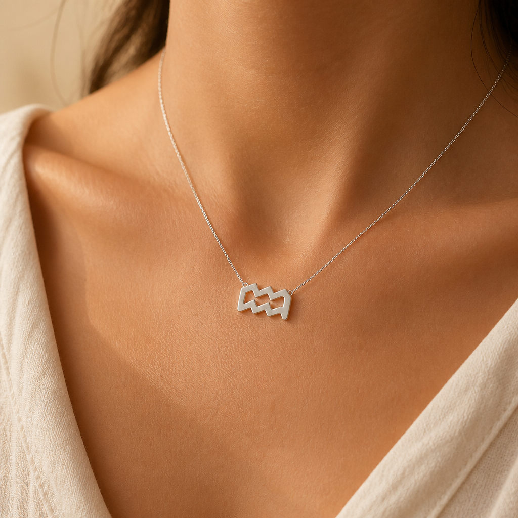 Aquarius Zodiac Necklace — on figure scale [autogen-pdp]