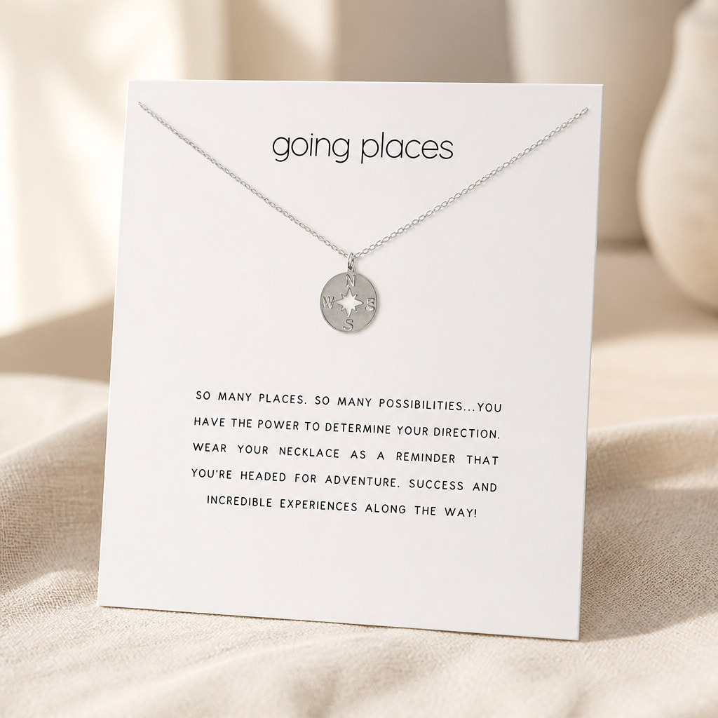 Going Places Compass Necklace — Silver — White [autogen]