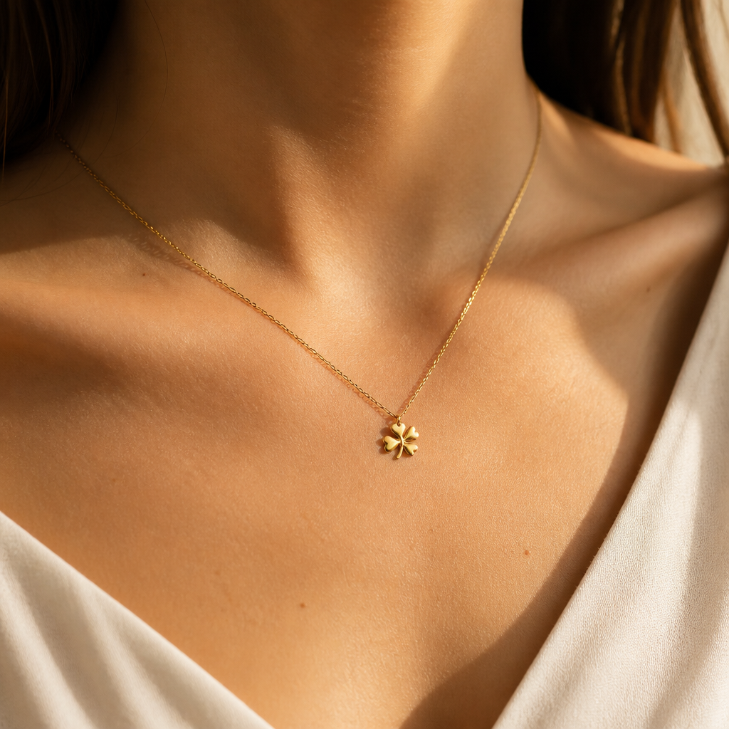 Lucky Is Believing Clover Necklace — on figure scale [autogen-pdp]