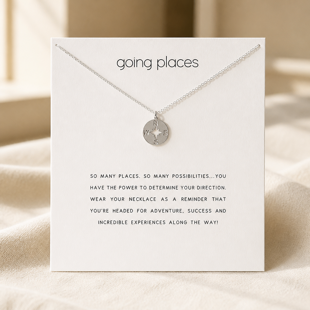 Wander On Compass Necklace — Silver — White [autogen]