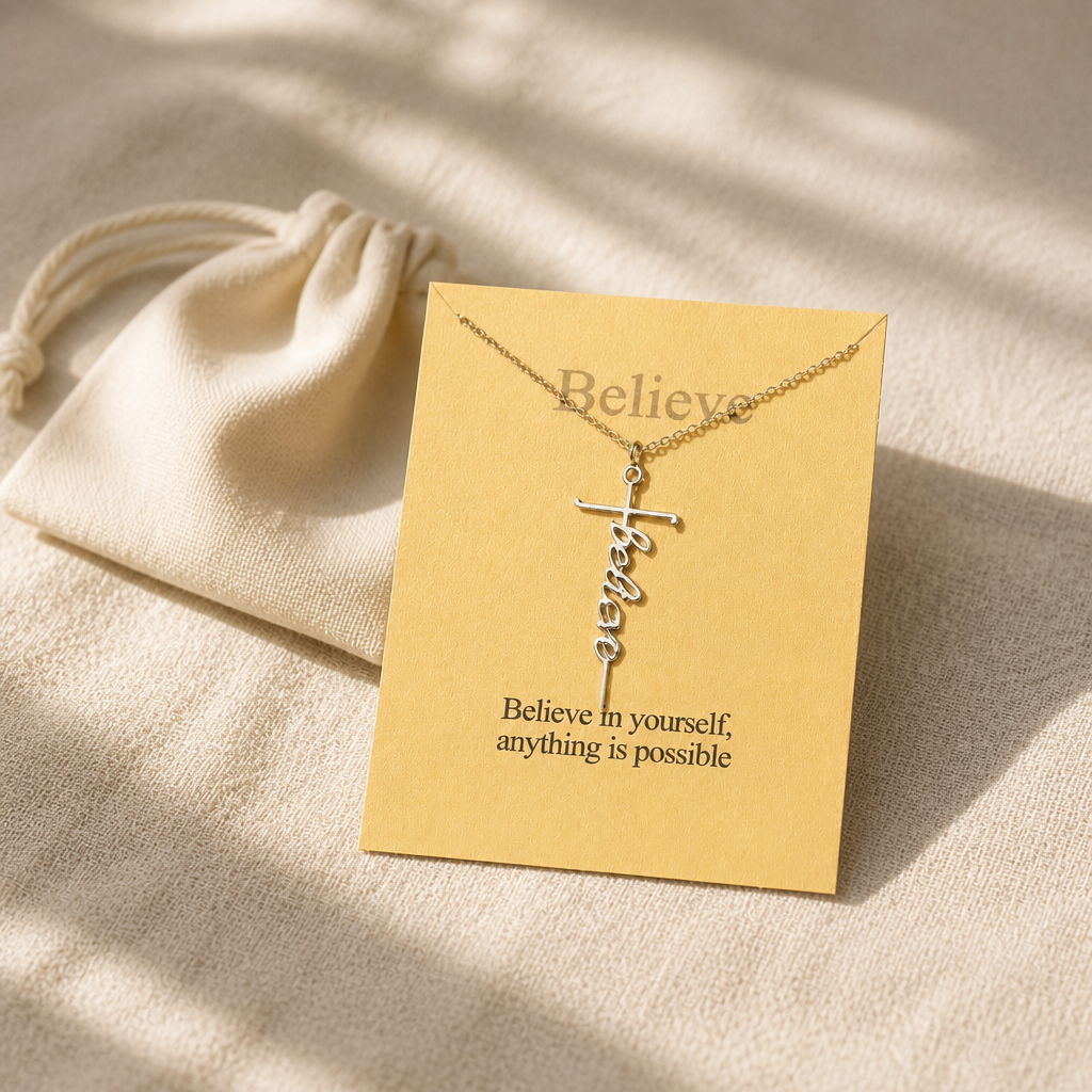 Just Believe Cross Necklace — editorial flatlay [autogen-pdp]
