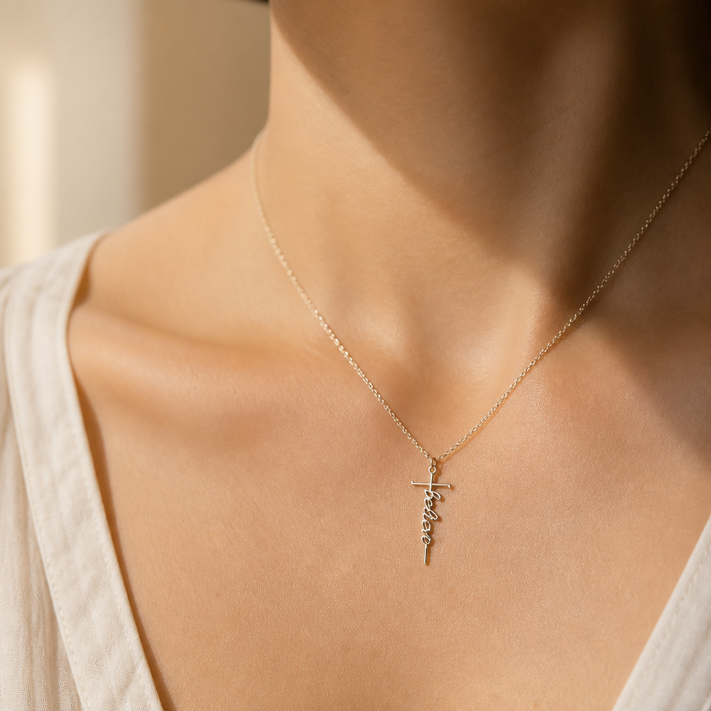 Just Believe Cross Necklace — on figure scale [autogen-pdp]