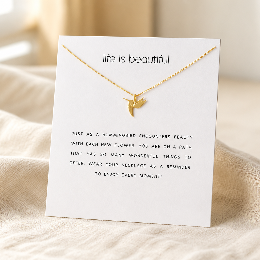 Life Is Beautiful Hummingbird Necklace — Gold — White [autogen]