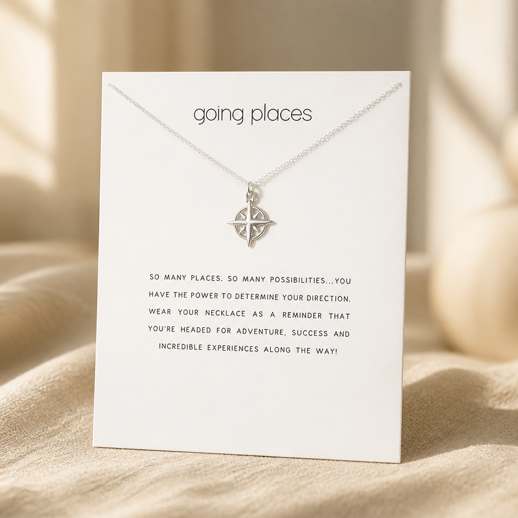 Find Your Way Compass Necklace — Silver — White [autogen]